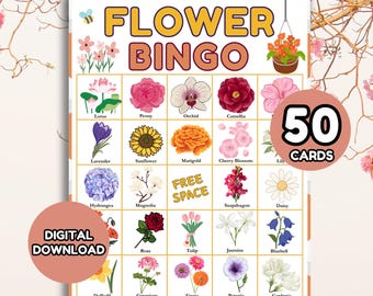 Bingo de flores, Bingo de primavera, Bingo de jardín, 50 cartones de bingo de flores imprimibles, Juego del club de jardinería, Bingo de la fiesta del té, Bingo nupcial