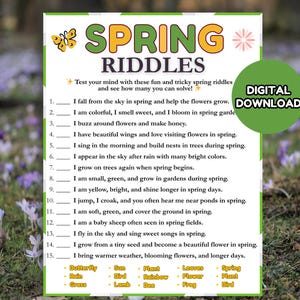 Puede incluir: Un juego imprimible de Spring Riddles en verde y blanco con una mariposa. El texto incluye acertijos y una lista de palabras relacionadas. Descarga digital disponible.