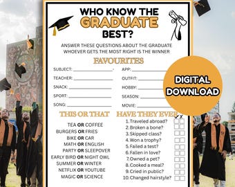 Wie kent de afgestudeerde het beste, afstudeerfeestspel, hoe goed ken je de afgestudeerde, afstudeerspellen, afstuderen afdrukbaar, afstuderen