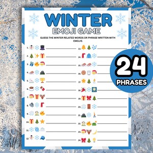 May include: A blue and white Winter Emoji Game board with 24 phrases to guess. The game features winter-themed emojis and the text "Winter Emoji Game". The background is a snowy winter scene.