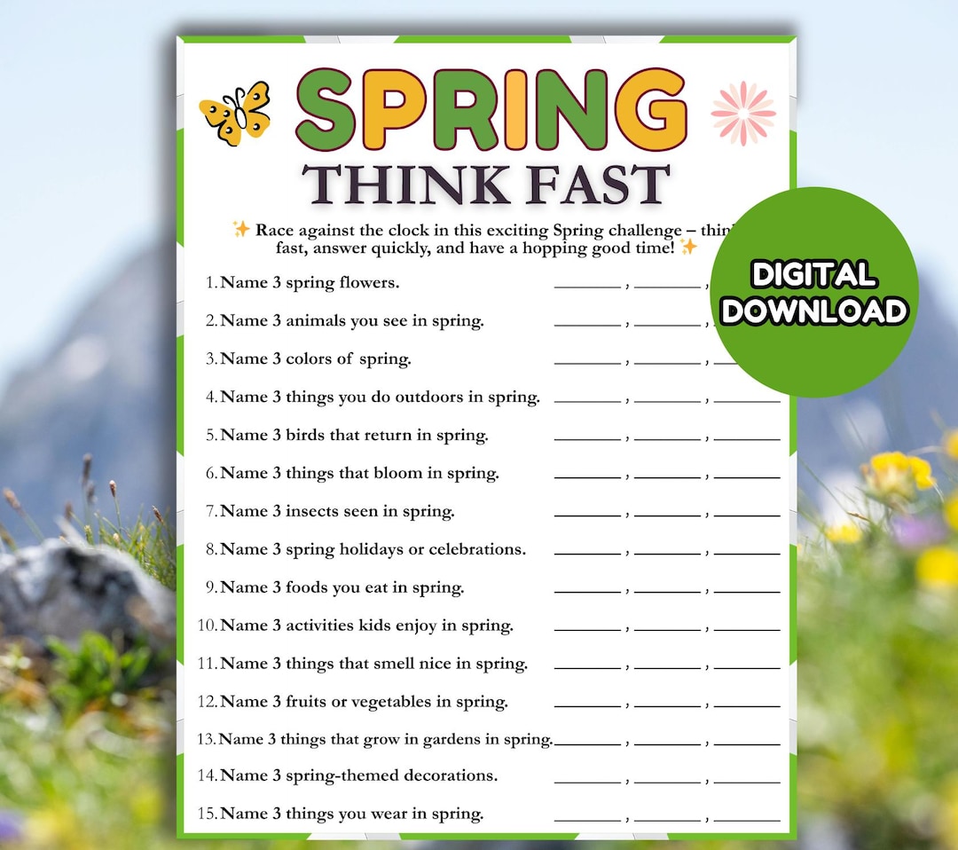 Spring Think Fast Game, Fun Printable Spring Game for Kids Adults ...