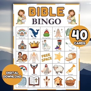 Könnte beinhalten: Eine farbenfrohe Bibel-Bingo-Spielkarte mit Illustrationen biblischer Szenen und Figuren. Die Karte enthält den Text "BIBLE BINGO", "DIGITALER DOWNLOAD" und "40 KARTEN". Die Bilder zeigen eine Arche Noah, einen Wal, eine Kirche und Jesus.
