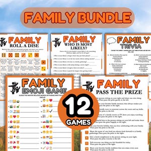May include: A bundle of 12 family games with orange and white text. Games include trivia, emoji, and dice games. The words "FAMILY BUNDLE" and "12 GAMES" are prominently displayed.