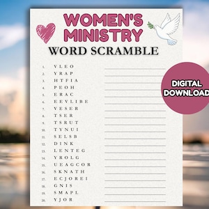 May include: A printable word scramble game sheet with the text "WOMEN'S MINISTRY WORD SCRAMBLE" in pink and black. Includes a pink heart and a dove with an olive branch. A pink circle with "DIGITAL DOWNLOAD" is also present.