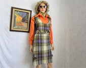 70s M Mohair Skirt Vest Suit Purple Green Plaid