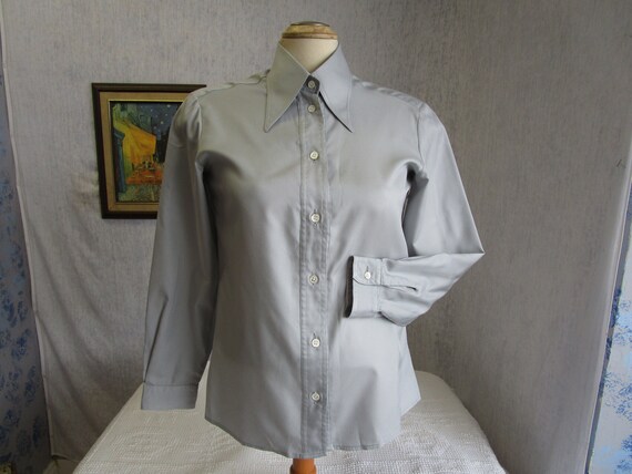 70s M Big Collar Polyester Blouse Silver Gray