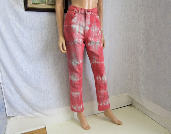 red tie dye jeans