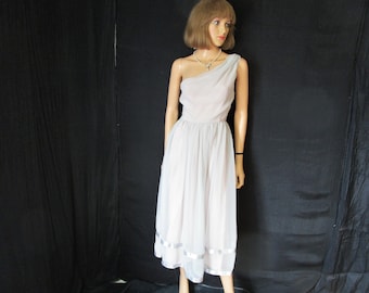 70s S Disco Dress Georgette One Shouldered Cocktail Prom Dress Dove Pearl Gray