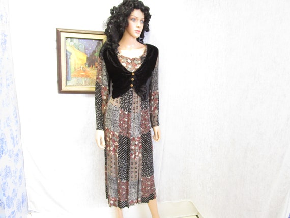 90s L Patchwork Grunge DRESS Navy Brown Black Rayo