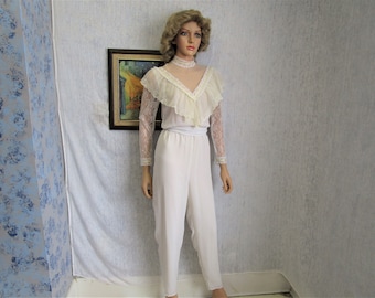 70s S Jumpsuit Victorian Lace White Long Sleeve