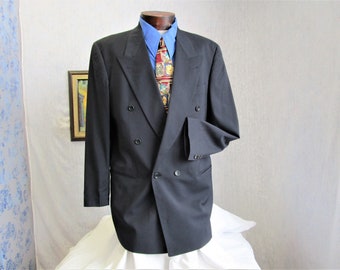 90s 42 Tall Hugo Boss Al Capone Wool Double Breasted Men's Suit Jacket Black