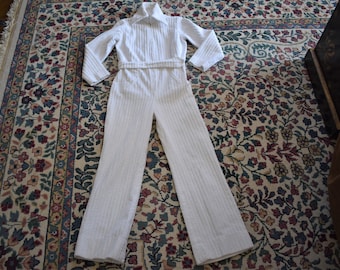 70s S Corduroy Jumpsuit Big Collar Flares Bell Bottoms White Juniorite