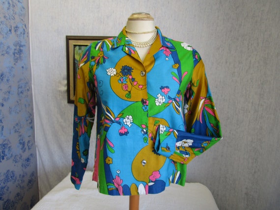 60s M Style Craft Psychedelic Print Cotton L/S BLO