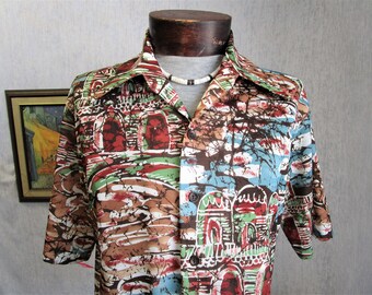 70s L JC Penney Men's S/S Big Collar Polyester Shirt Blue Brown Psychedelic Print