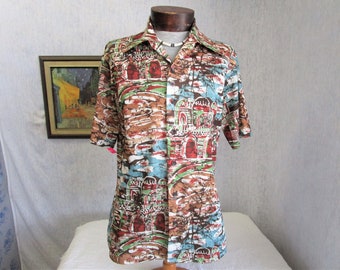 70s L JC Penney Men's S/S Big Collar Polyester Shirt Blue Brown Psychedelic Print