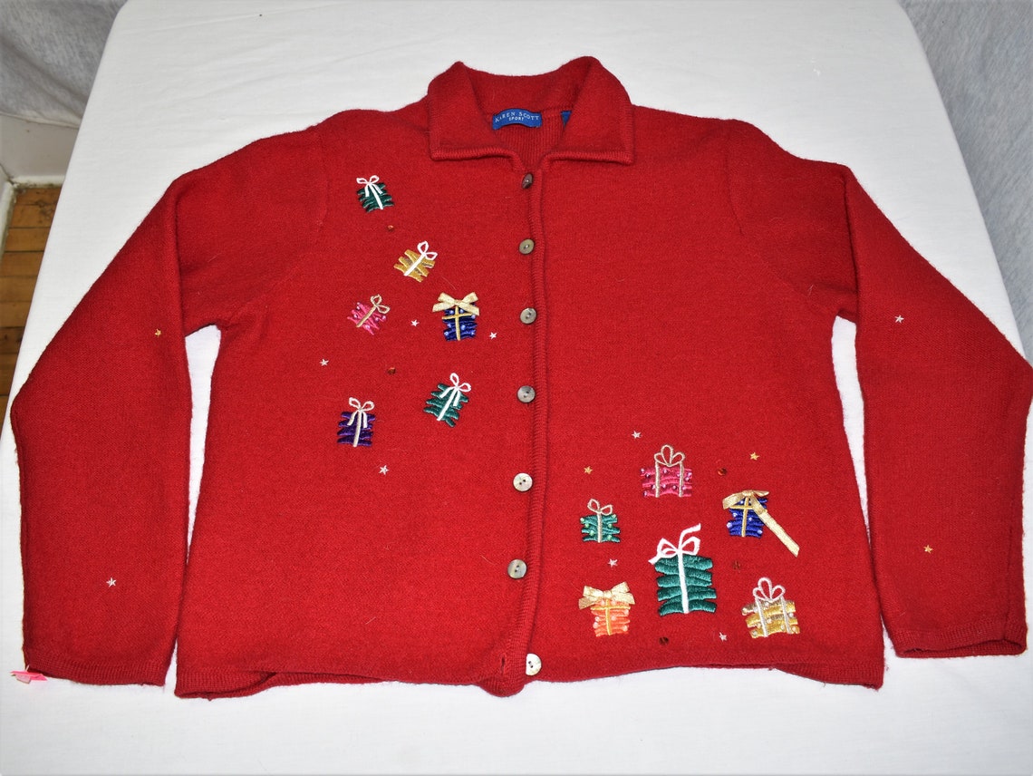 Womens Ugly Christmas Sweater: retro look -Karen Scott- Womens red background acrylic longsleeve 