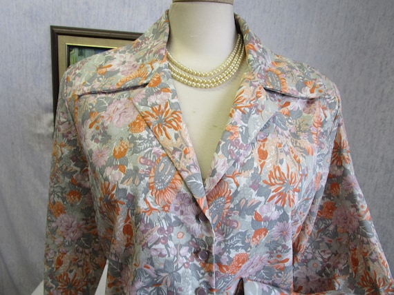 70s 2X Polyester Floral L/S Big Collar BLOUSE Top