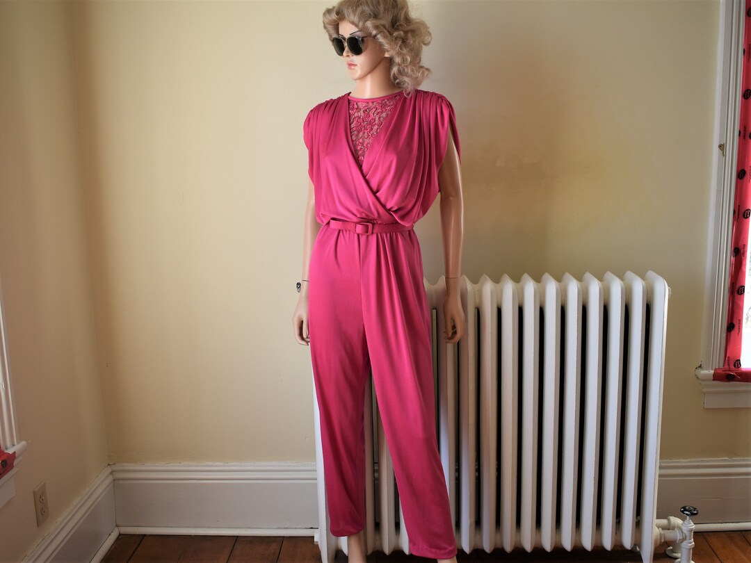 80s L Numode Jumpsuit Polyester Cowl Back Fuchsia Pink Etsy