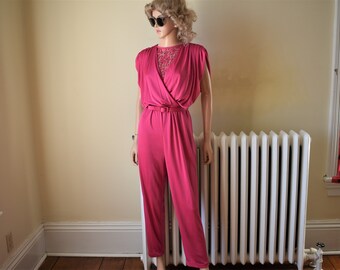 80s L Nu-Mode Jumpsuit Polyester Cowl Back Fuchsia Pink