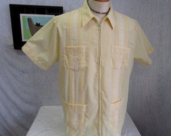 70s L Haband Guayabera Zip Front Men's S/S Shirt Light Peach
