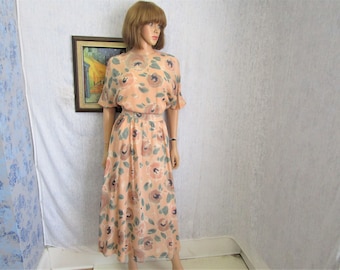 80s M 10 Paul Alexander Silk 2 pc Dress Skirt Suit Peach Floral