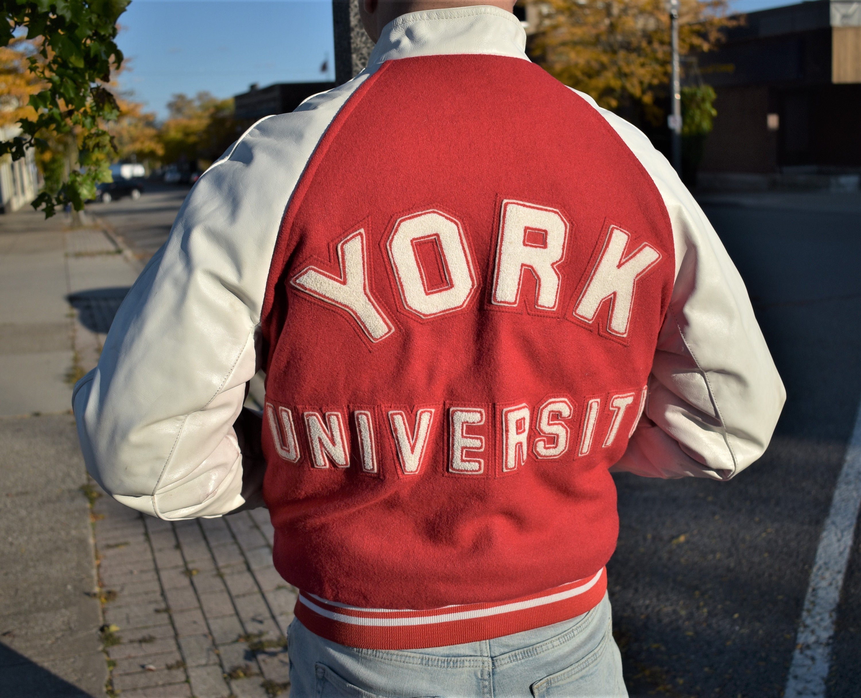 70s L York University Varsity Jacket Dr Habib Red Wool White Etsy