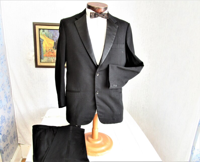 60s 40S Chiarella Tuxedo Tux Suit Notch Collar short leg Wool Black