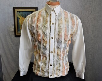 70s S 14 1/2" Valley King Lion Silk Pucker Men's SHIRT Bone Apricot