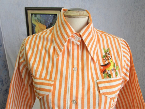70s 12 L Embroidered Bird & Tree Cotton Big Collar