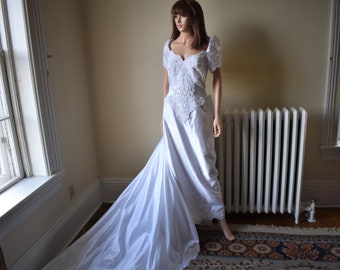 80s M Prestige Beaded Wedding Dress Bridal Gown Removable Train