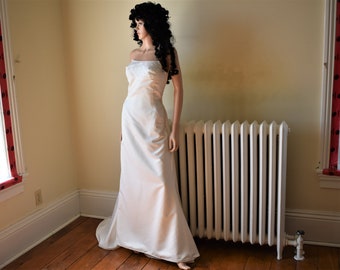 Y2K M Alex Hanson Satin Strapless Fishtail Train Beaded Princess Wedding Dress Bridal Gown Wedding Dress Moonlight White