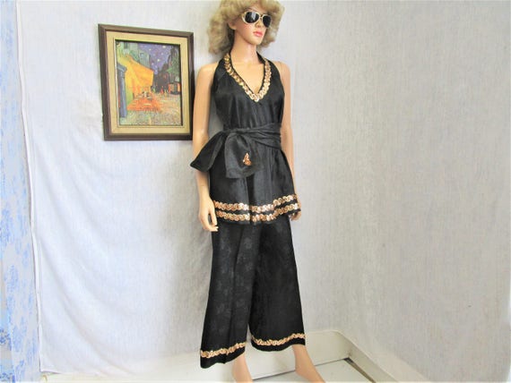 60s XL Pant Suit Palazzo Pants Halter Top Scarf/Sa