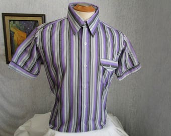 60s 16" L King Arthur Cotton Poly Men's Big Collar S/S Shirt Purple Gray Stripe NOS