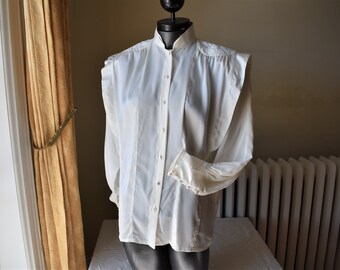 80s 6 S Valenti Oversized Silky Polyester Big Shoulder Blouse Off White