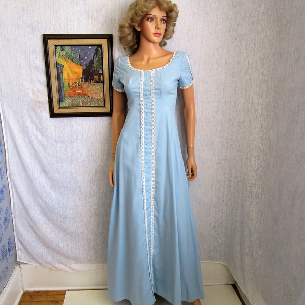 70s S Priscilla of Boston I. Magnin Linen A Line Bridesmaid Prom Dress Gown Light Sky Blue