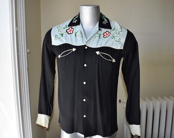 40s S Square Dance Rayon Loop & Button Embroidered Western Snap Shirt Black Aqua