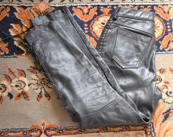 80s 31x29 Leather Pants Biker Motorcycle Black Laced Distressed