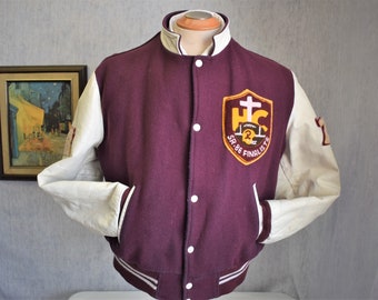 80s 44 L Holy Cross Raiders Football Varsity Jacket Maroon Wool White Leather