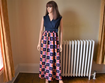 70s M Stotland Maxi Long Dress Evening Gown Navy Blue Hot Pink Print Polyester