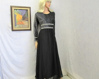 70s XL Evening Gown Sparkle Chiffon L/S DRESS Black Silver