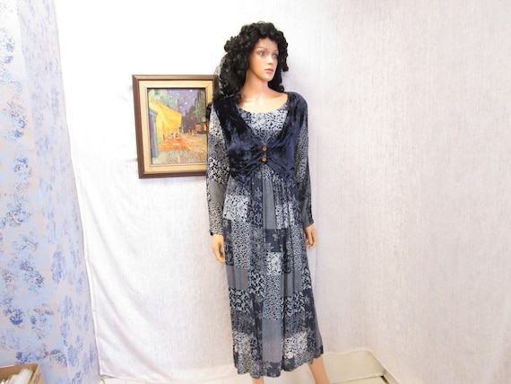90s L Patchwork Grunge DRESS Navy Blue Gauze & Vel