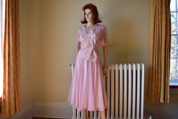 80s M Lace Chiffon Mother of the Bride Bridesmaid 2 Pc Dress