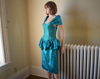 80s S Satin Lace Peplum Party Prom Bridesmaid Dress Teal Green Blue