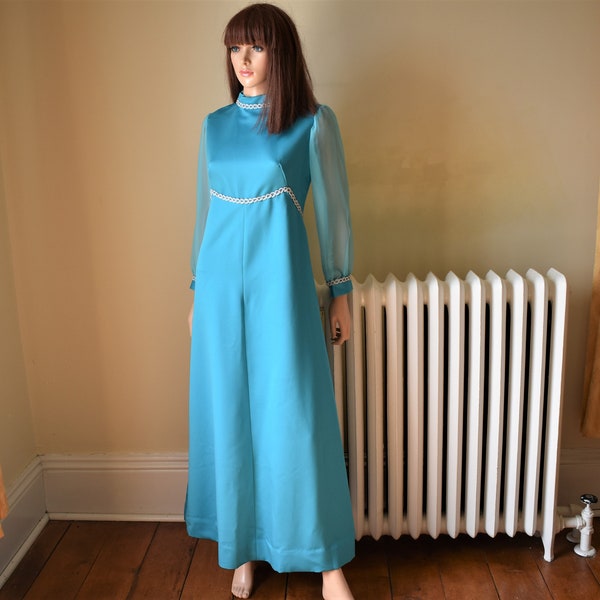 70s M Bridesmaid Dress Evening Gown Polyester & Chiffon L/S DRESS Turquoise Blue Silver