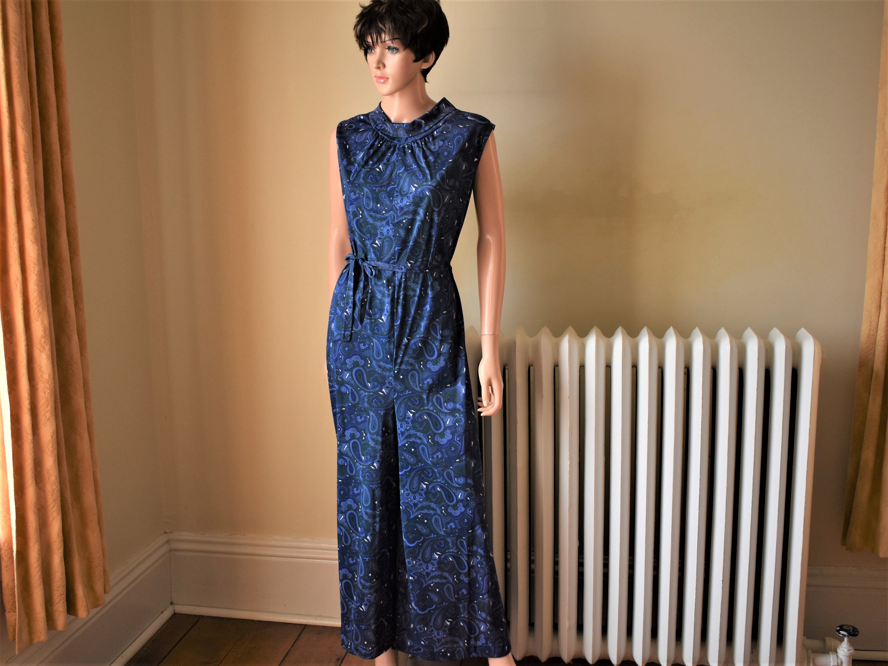 60s L Jumpsuit Paisley Nylon Silky Palazzo Pants Royal Blue Forest Green Reitmans Etsy Canada