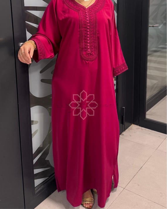Traditional Moroccan Red Gandoura - Handmade Long Kaftan Style Dress