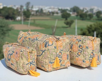 Floral Quilted Makeup Bag Set | Jaipur Block Print Cosmetic Pouches