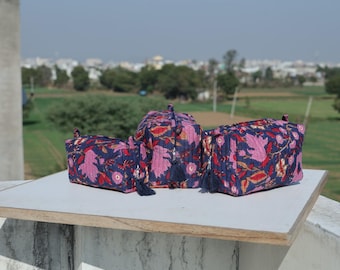 Block Print Toiletry Bag Set | Quilted Cotton Travel Organizer