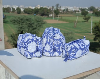 Handmade Quilted Makeup Bag Set | Block Print Design, Travel Organizer,