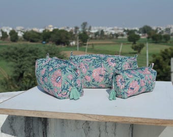 Floral Quilted Makeup Bag Set, Hand Block Print Cosmetic Pouches, Cotton Toiletry Organizer, Travel Makeup Bags, Jaipur Handmade Gift Set